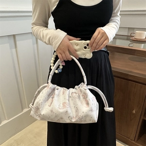 Pink butterfly print pleated cloud bag with elegant pearl heart charm for women