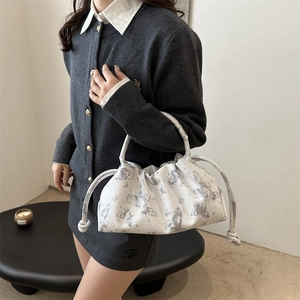 White pleated hobo bag with gray butterfly prints for women in chic new Chinese style