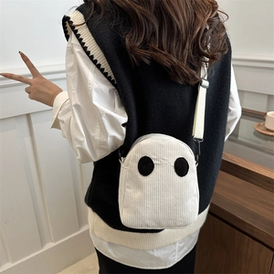 Sac bandoulière en velours côtelé blanc avec visage de fantôme et bandoulière ajustable