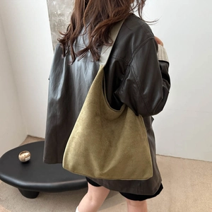 Olive green suede hobo bag large capacity tote for women in retro minimalist style
