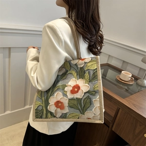 Women Vintage Floral Printed Canvas Tote Bag Large Capacity Casual Shoulder Bag Artistic Handbag For Daily Commuting Shopping Travel