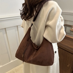 Vintage large capacity dark brown suede moon bag with contrast stitching for women
