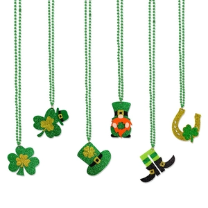 6-piece St. Patrick's Day green bead necklaces with clover and leprechaun pendants