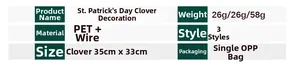 Detailed size chart and material specifications for St. Patrick's clover ornaments