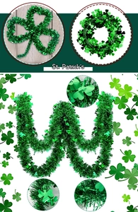Macro detail of St. Patrick's Day green tinsel garland with clover sequins and wreaths