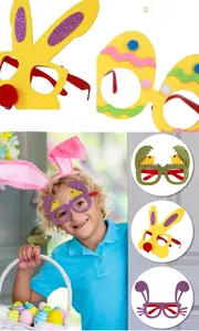 Detail view of Easter felt glitter glasses featuring bunnies, chicks and festive eggs