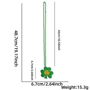 Detailed dimensions of St. Patrick's Day green bead necklace with glitter shamrock charm