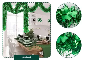 Macro detail of St. Patrick's Day green tinsel garland with clover patterns for home decor