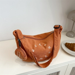 Women Corduroy Crescent Shoulder Bag Large Capacity Tote And Small Round Coin Purse Pendant Embroidery Letters Casual Hobo Crossbody Bag Daily Student Handbag