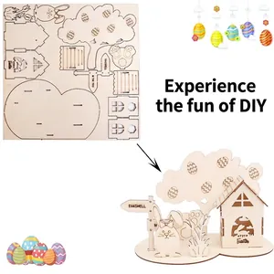 Kit de maison en bois de Pâques DIY avec lapins et œufs pour décorations de table créatives