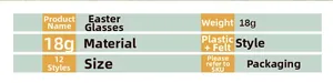 Detailed specifications table for Easter party glasses showing felt and plastic materials