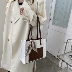 Retro patchwork tote bag with woven texture, brown leather pocket and decorative silk scarf