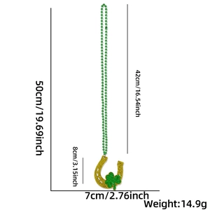 Detailed size specifications of St. Patrick's Day green bead necklace with horseshoe pendant
