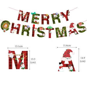 Detailed size chart of Merry Christmas banner with gnome motifs and red plaid letters
