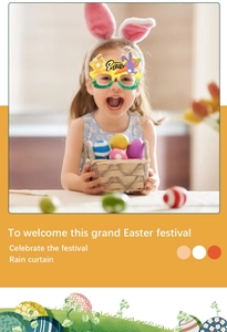 Close-up of Happy Easter themed glasses featuring festive bunny and colorful egg decorations