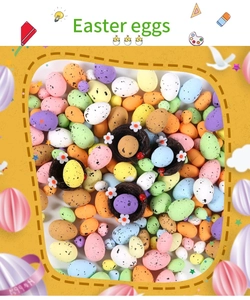 Detailed view of colorful speckled Easter foam eggs with a miniature bird nest and ladybugs