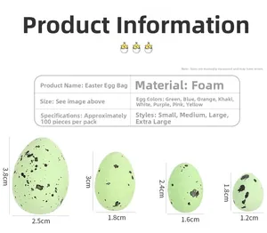 Size chart for colorful Easter foam eggs in multiple dimensions and macaron colors