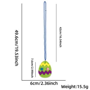 Detailed view of colorful felt Easter egg pendant with vibrant blue plastic bead necklace