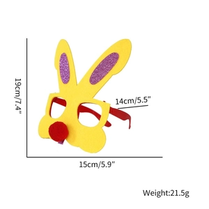 Detailed size chart of yellow Easter bunny party glasses with glitter ears and red nose