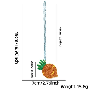 Detailed size specifications for a glittery carrot pendant necklace with blue bead chain