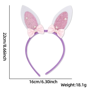 Detailed view of purple bunny ear headband with pink sequins and bow size dimensions