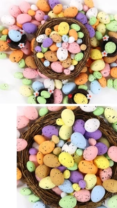 Macro detail of colorful speckled foam Easter eggs in a realistic woven twig bird nest
