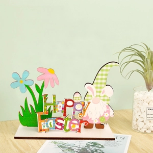 Colorful Happy Easter wooden gnome tabletop decoration with floral design and base