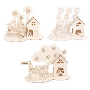 Décorations de Pâques en bois avec lapins découpés au laser et maisons évidées