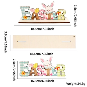 Detailed size specifications of Easter wooden table decor with bunny and egg motifs