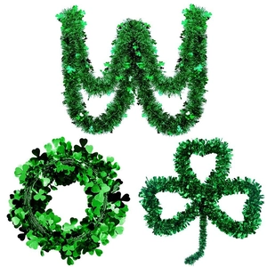 St. Patrick's Day green tinsel garland and shamrock wreath decorations set for party