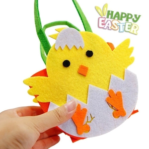 Cartoon yellow chick Easter felt gift bag with green handle for kids candy party