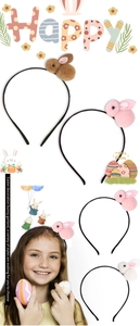 Detailed view of colorful plush Easter bunny headbands with cute 3D cartoon rabbit designs