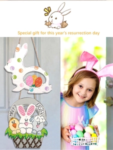 Easter decorative wooden signs featuring a white bunny and Happy Easter basket door hanger