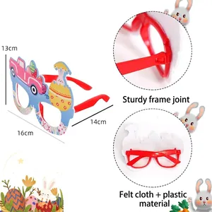 Cartoon Happy Easter party glasses with rabbit and egg felt decorations on red frames