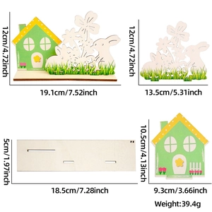 Detailed size specifications for the wooden Easter bunny and house desktop ornament