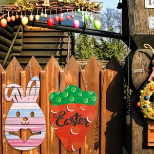 Easter wooden hanging sign set with striped rabbit and strawberry themed decor with twine