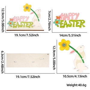 Detailed view of 3D Happy Easter wooden bunny sign with dimensions and assembly parts