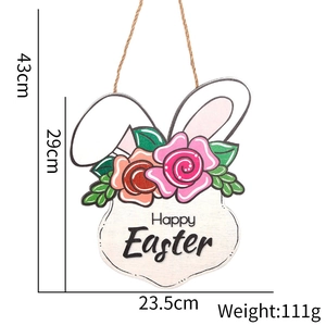 Detailed view of Happy Easter wood sign featuring bunny head and flower decor with dimensions