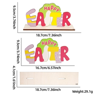 Detailed dimensions of Happy Easter wooden tabletop sign with assembly base and weight
