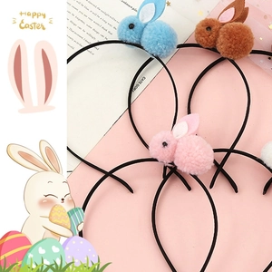 Cute Easter plush bunny headband for kids with colorful pom-pom bunny ears and black hoop