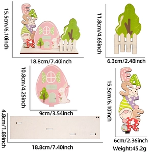 Detailed dimensions of Easter wooden table decor with colorful bunny and flower prints