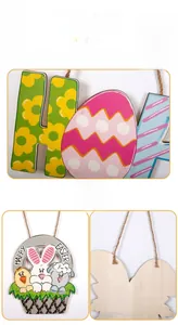 Detail of wooden Easter decorations showing colorful rabbit, egg and lamb hanging ornaments