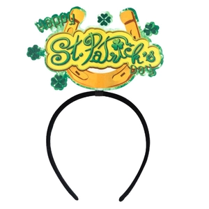 Serre-tête de la Saint-Patrick avec fer à cheval doré et trèfles verts sur fond blanc