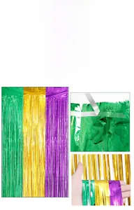Detail of green purple gold tinsel fringe curtain with self-adhesive backing tape