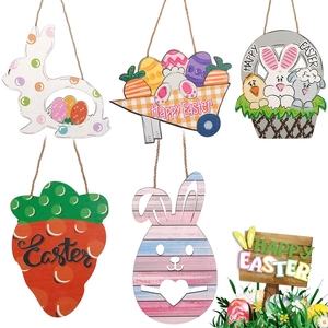 Easter Wooden Hanging Sign Bunny Rabbit Egg Carrot Happy Easter Door Decorations For Party Home Wall Decor Festive Gift