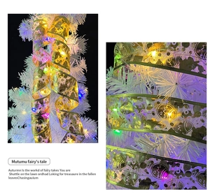 Detail of golden LED ribbon with star pattern on a white Christmas tree