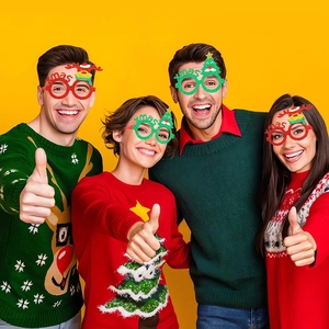Kids party set featuring red and green Xmas sweaters with reindeer and tree glasses