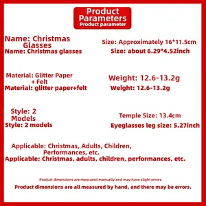 Detailed size specifications for Christmas glitter paper and felt party glasses decor