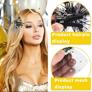 Gold sequin New Year mini hat hair clip with black mesh stars and Happy New Year text