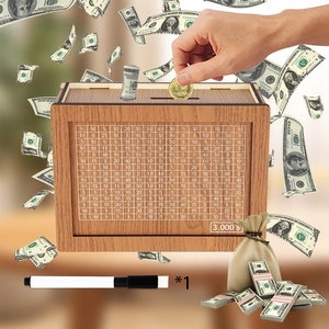 Wooden money box with counter and marker showing a 3000 dollar savings goal target
